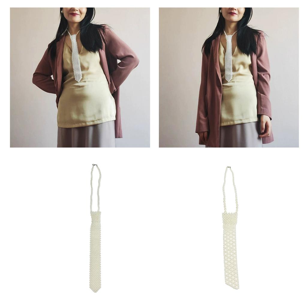 Vintage Pearl Necktie Collarbone Necklace for Women Men Elegant Adjustable Neck Ties Nightclub Party Stage Accessories