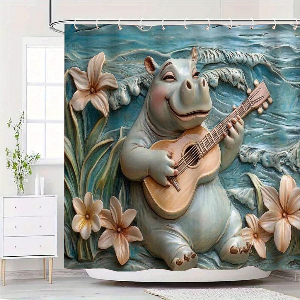 1Pc 3D Embossed Single Guitar Hippo Shower Curtain-With 12 Hooks, Machine Washable, Suitable For Bathroom Decoration