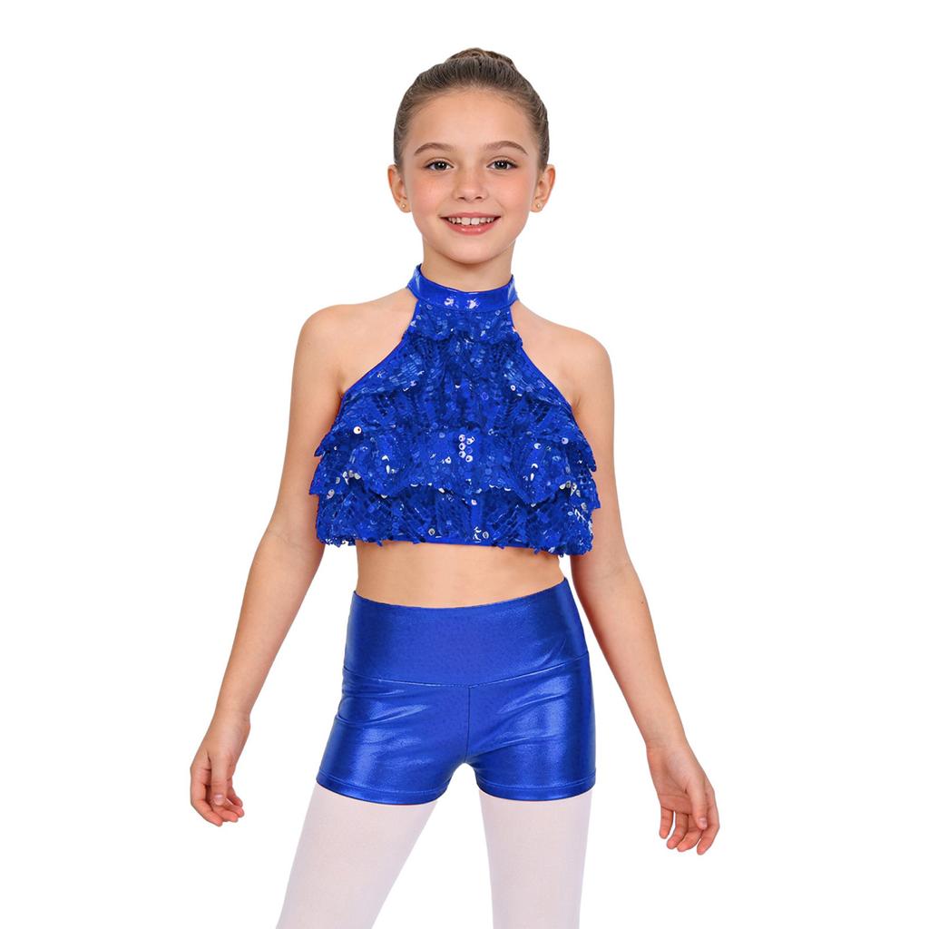 Top Corto da Bambina con Collo Alto Senza Maniche e Paillettes Pantaloncini Stratificati Lucidi Metallici Outfit per Danza sul Palco