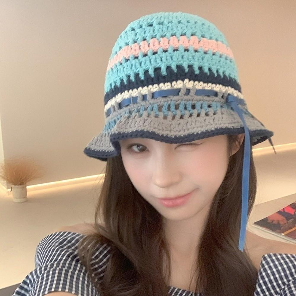 Handmade Knitted Bucket Hats Bow Ribbon Weave Hats Ins Hollow Basin Cap  Streetwear
