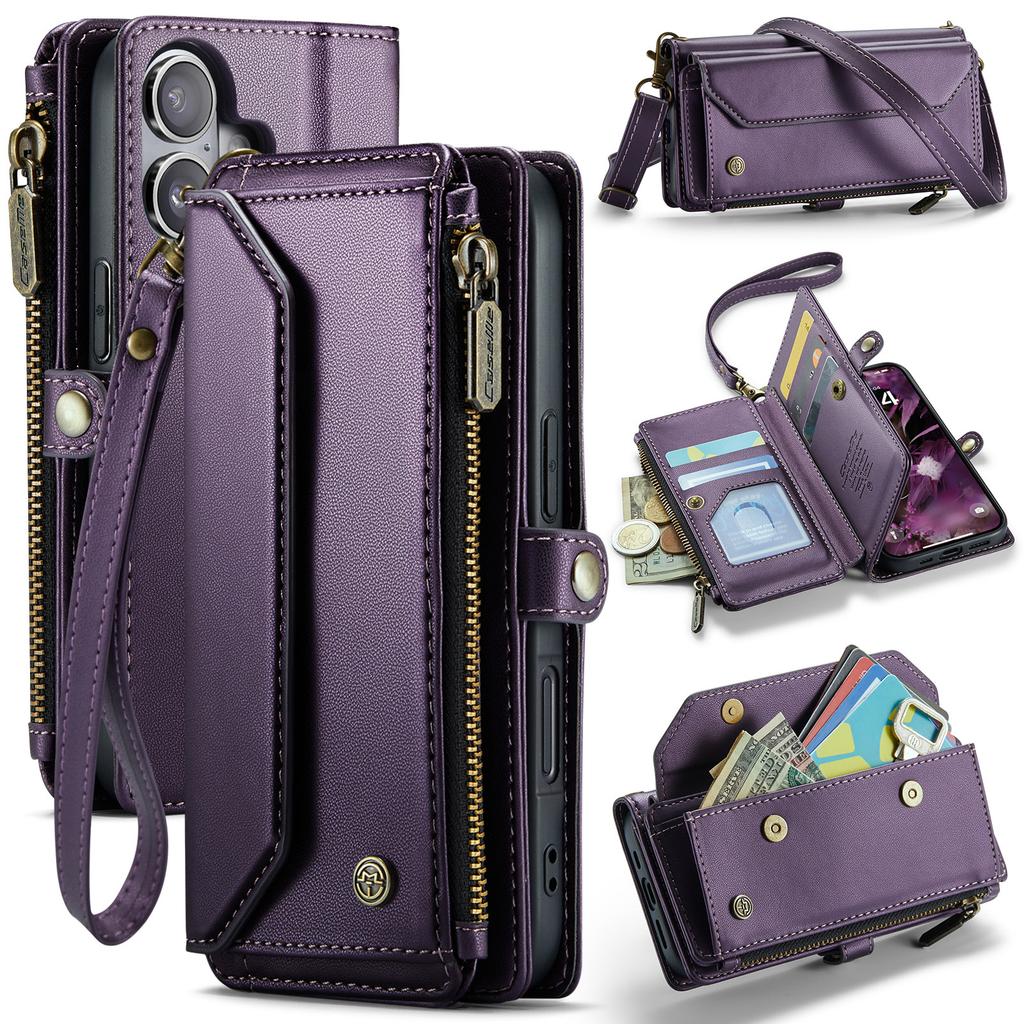 For iPhone 17 Leather Case CASEME C36 Zipper 10 Card Slots Phone Cover with Straps