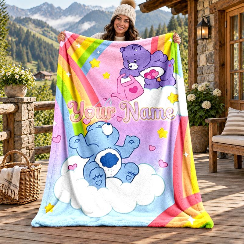 Care Bear Custom Name Flannel Blanket Personalized Soft Warm Plush Throw Blanket Customized Gift for Family Friends