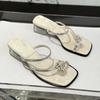 New Chinese Internet celebrities pinch feet thick heel medium heel slippers women 2025 new summer rhinestone cover toe versatile wear cool slippers