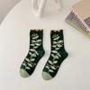 Women Socks Korean Japanese Style Cartoon Green Flower Harajuku Cute Kawaii Mid Tube Socks Breathable Casual Short  Cotton Socks