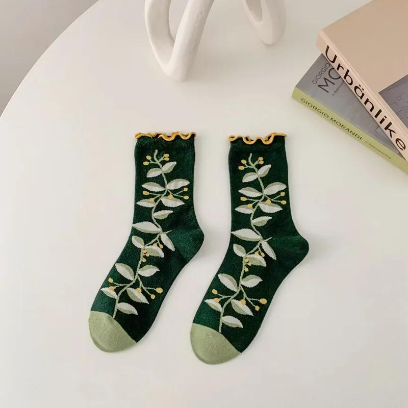 Women Socks Korean Japanese Style Cartoon Green Flower Harajuku Cute Kawaii Mid Tube Socks Breathable Casual Short  Cotton Socks