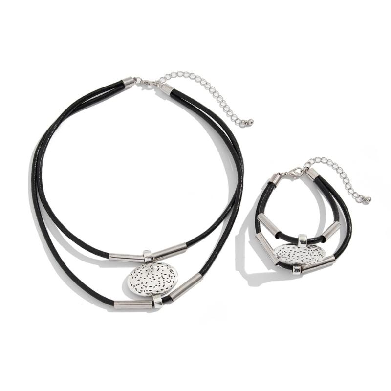 Bohemian Necklace Bracelet Set Vintage Multi Layer PU Leather Rope and Oval Metal Pendant Jewelry Accessories for Women