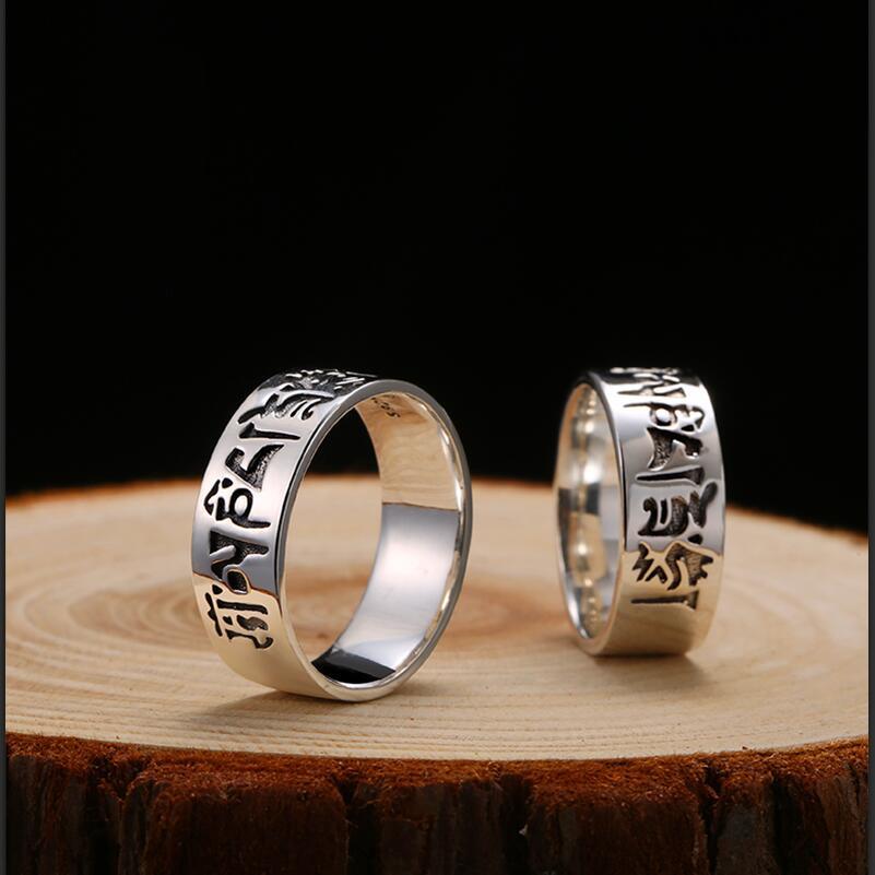 Real Silver Spell Carving Closed Ring S925 Streling Silver Buddha Mantra Ring Man Woman Letter Religious Script Jewelry