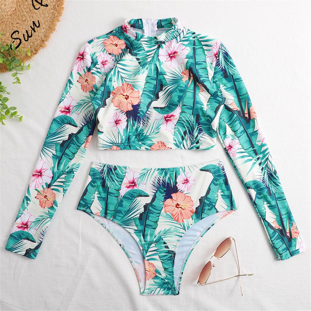 Women's Split Body With Bra Pads No Steel Bra Printed Zipper Swimsuit Long Sleeve Swimsuit