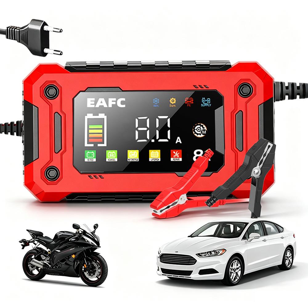 EAFC Large Screen 15A /8A 12V Smart Car Battery Charger LCD Display Pulse Repair for Car MotorcycleLead-Acid AGM GEL Wet Battery 12V 8A  EU