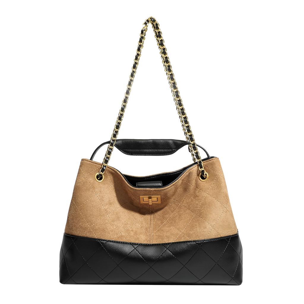 2025 New Model Color-Block Suede-Style Quilted Chain Frosted Leather Underarm Bag, Handbag, Shoulder Bag, Crossbody Bucket Bag