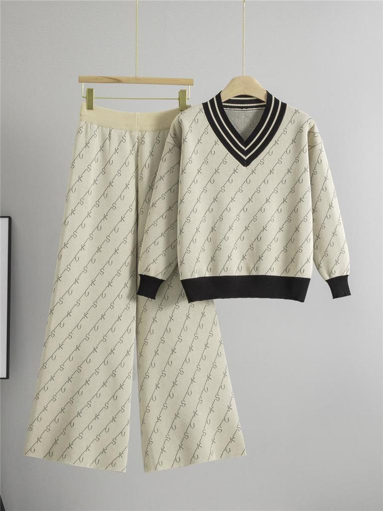 Women's Autumn/Winter Striped Knit Sweater & Wide-Leg Pants Set - Little Fragrance Style Casual Sportswear