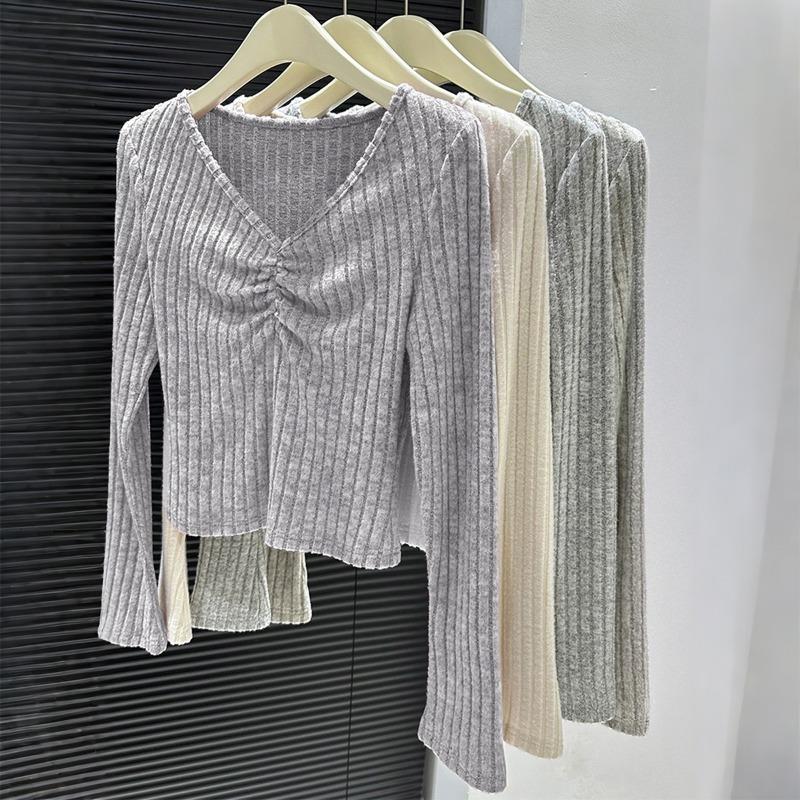 Fashionable Simple Style Long-sleeved Base Shirt T-shirt Women's 2025 Autumn and Winter V-neck Versatile Solid Color Pullover