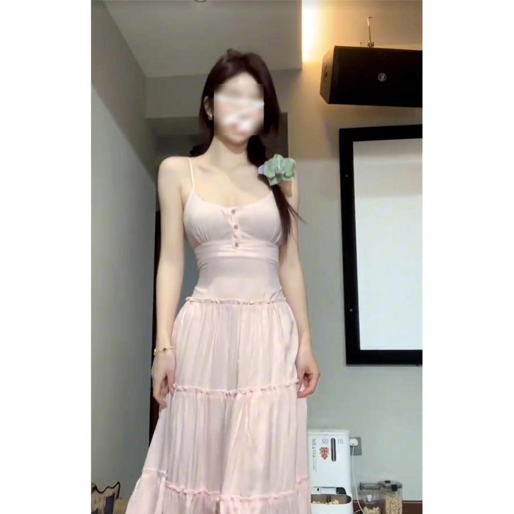 Pink Suspender Dress Women's Summer Casual New Waist Skirt Small Gentle Wind a Word Skirt Long Dress