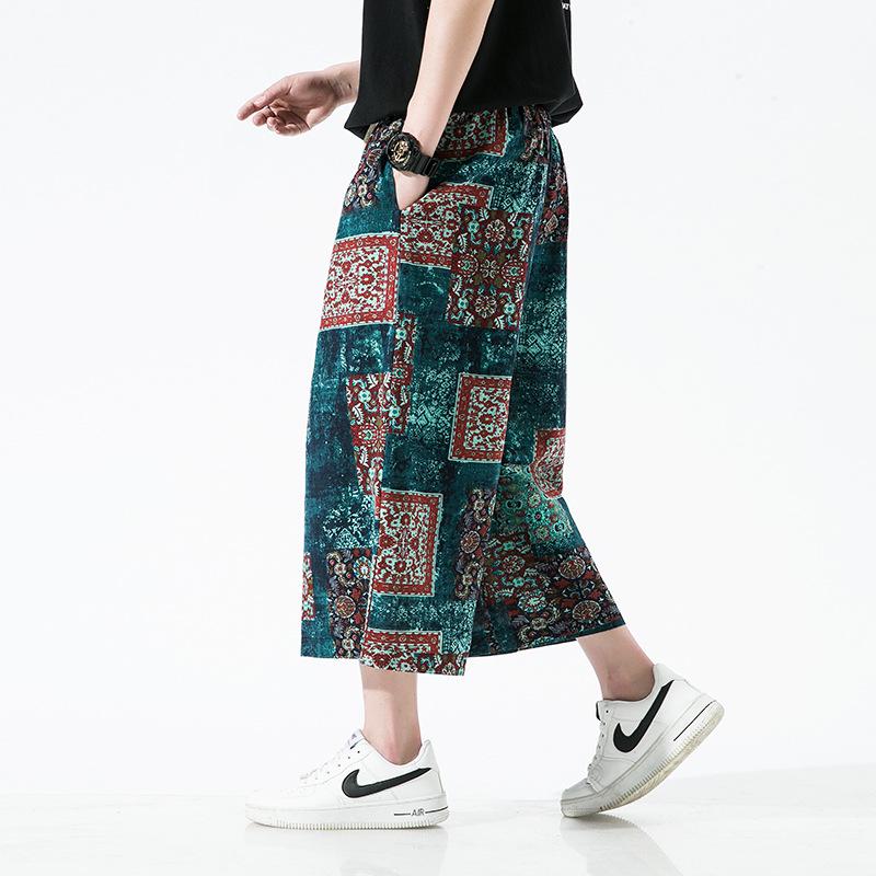 2022 Men's Summer Chinese Print Cotton Linen Capri Pants, Plus Size, Casual Wide Leg Style