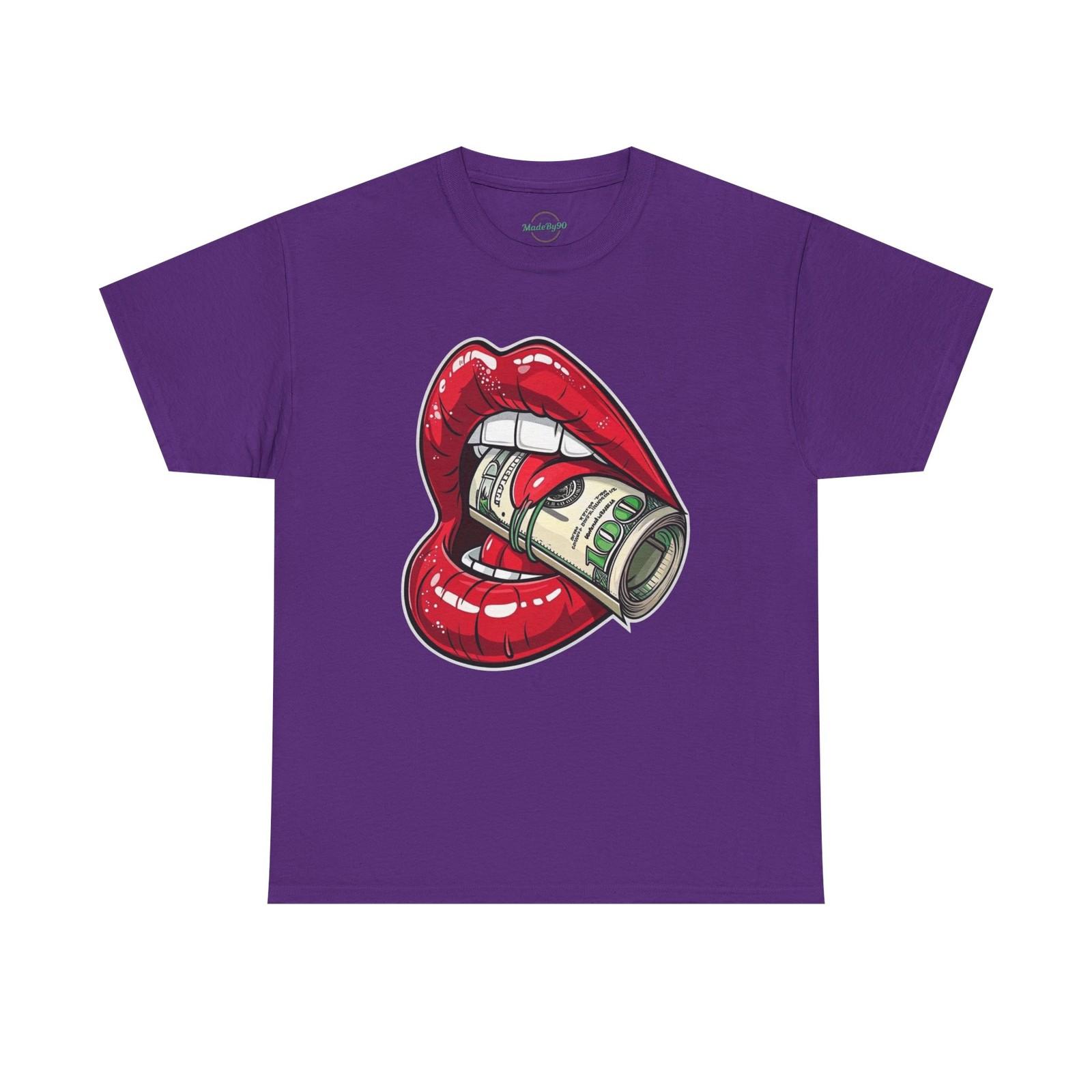 Red Glossy Lips with Rolled Dollar Tee | Money Mouth Graphic Shirt S