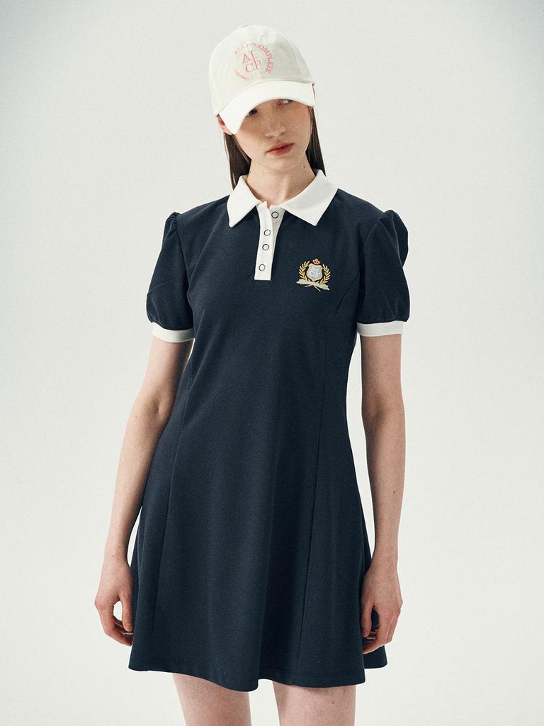 Olinkeompeulliteu Puff Flare Pique Dress (Navy)