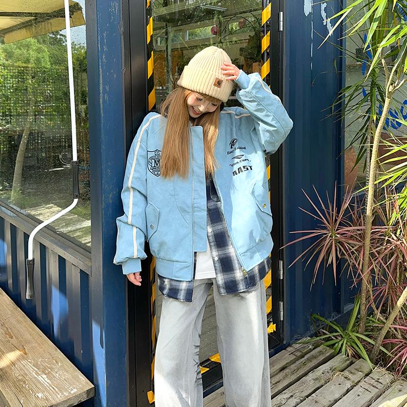 

Ретро Вышитая Толстовка с Капюшоном Мотоциклетная Куртка из Искусственной Кожи Двойка L синий