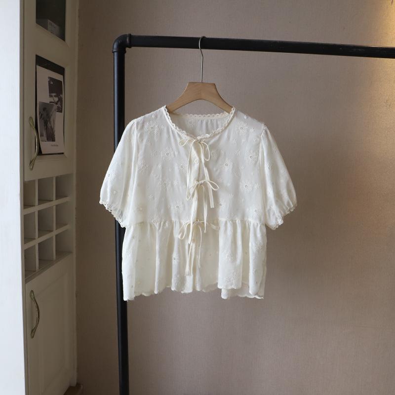 Bi Zheng 2025 Hollow Lace Puff Sleeve Embroidered Shirt for Women
