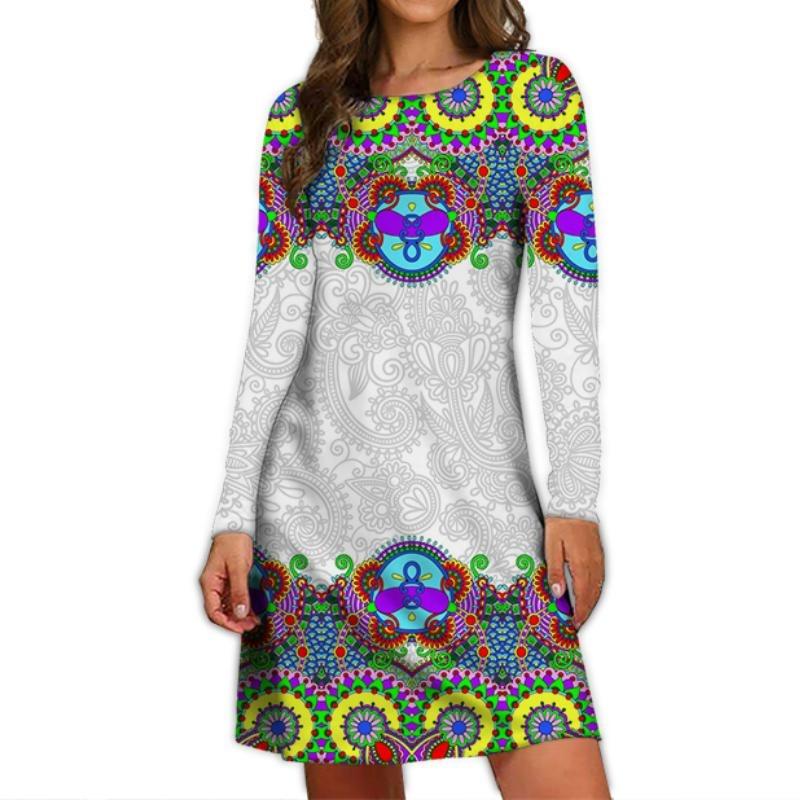 

Осень Женская Мода Винтажный Бохо Узор Индивидуальный Стиль Дизайн Длинный Рукав Цветочное Мини-Платье Повседневное Платье XXL