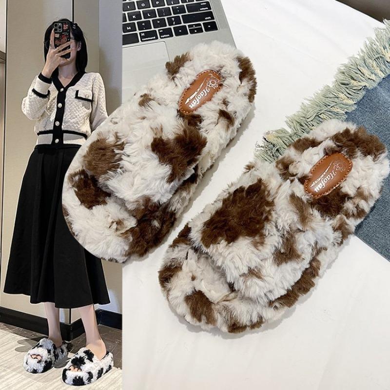 Damskie kapcie z podszewką polarową, w panterkę, na jednym pasku, gruba platforma, ciepłe, do domu/na zewnątrz, klapki