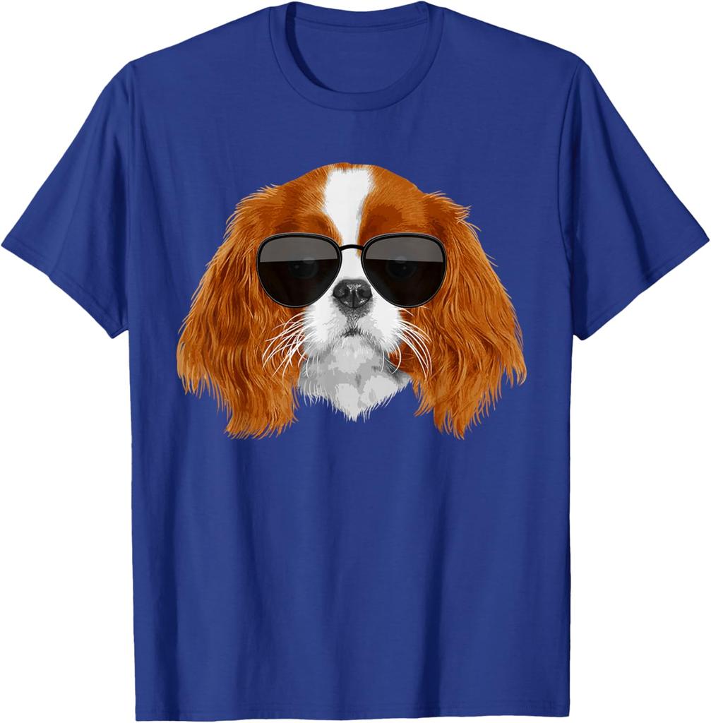 Cool Cavalier King Charles Sunglasses Dog Lover Graphic T-Shirt Soft Cotton Round Neck Tee