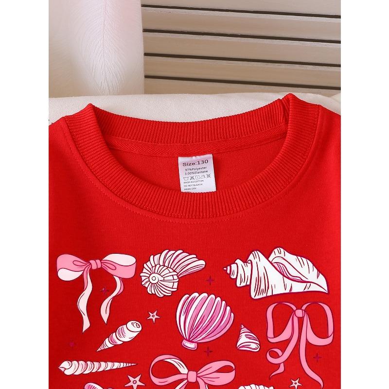 European Sizes Girls Soft Crewneck Sweatshirt Pink Seashells Bows Stars Pattern, Casual All-Match, Ideal Holiday Present