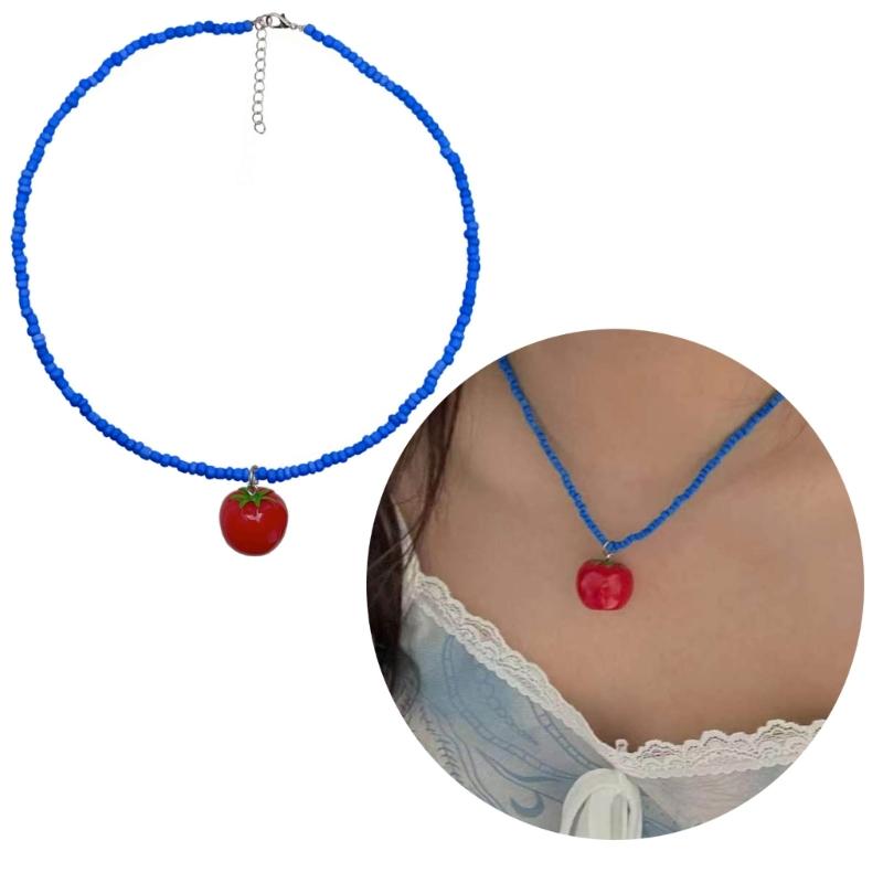 Colorful Resin Tomato Pendant Necklace Bohemian Style Beaded Choker Unique Gift Adjustable Length Tomato Necklace Chain