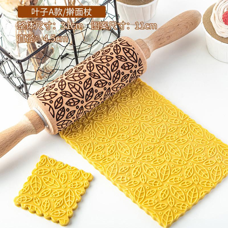 

Fresh Leaf Printed Rolling Pin Beech Lacquerless Household Cookies Fondant Dough Embossed Roller Baking Tool
