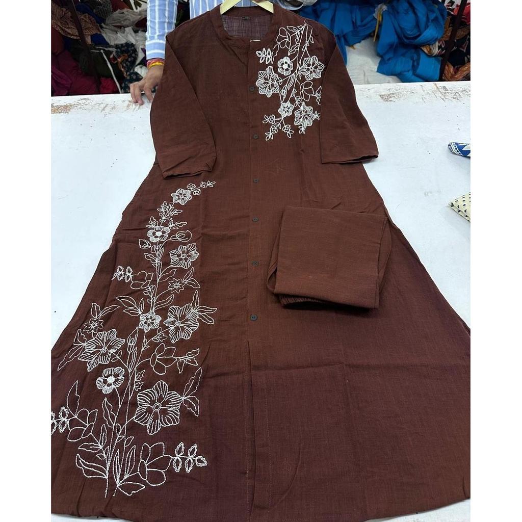 Indian Cotton Slub Kurti with Pant Set Women Party Wear Ethnic Kurta Cord Set