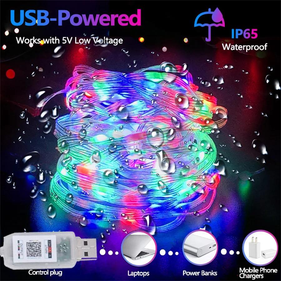 USB WS2812B RGBIC LED Fairy Lights Bluetooth Music Sync Color Changing Waterproof Garland For Home Holiday Party Decor Lighting