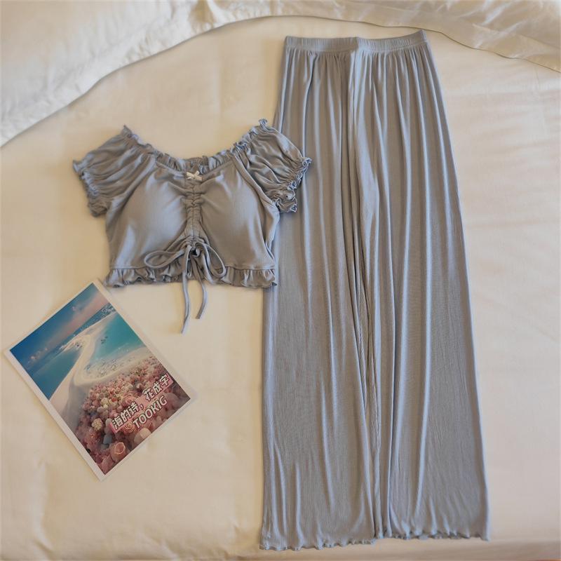 Women's Summer Puff Sleeve Modal Pajamas Set with Integrated Breast Pads - Sexy Pure Desire Homewear