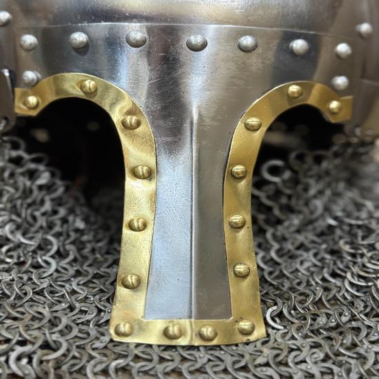 Handmade 16 Gauge Steel Medieval Helmet with Riveted Chainmail – Silver Polish & Decorative Golden, LARP Cosplay Gift