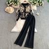 Autumn Winter Women Vintage Print Knitted Sweater Trouser Two Piece Set Full Sleeve Cardigan Tops and Drawstring Wide Leg Pant Suit