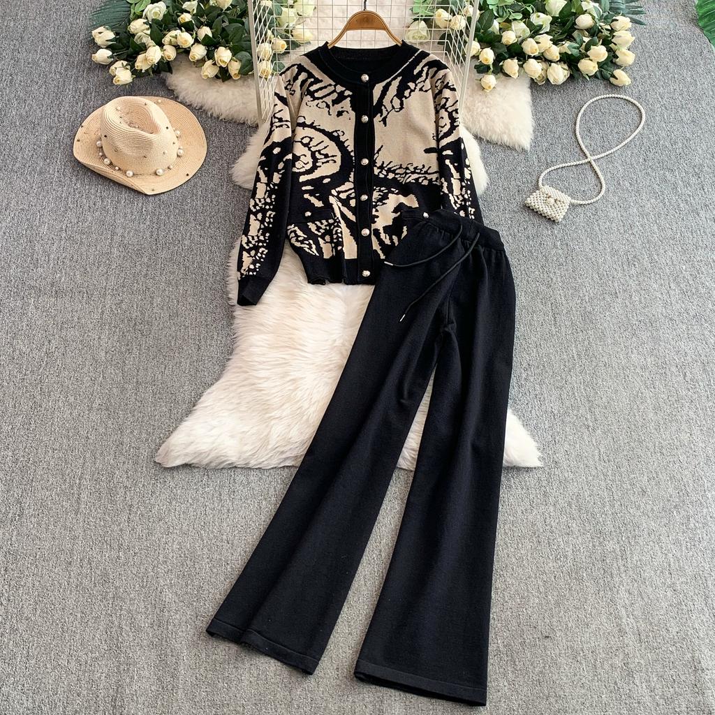 Autumn Winter Women Vintage Print Knitted Sweater Trouser Two Piece Set Full Sleeve Cardigan Tops and Drawstring Wide Leg Pant Suit