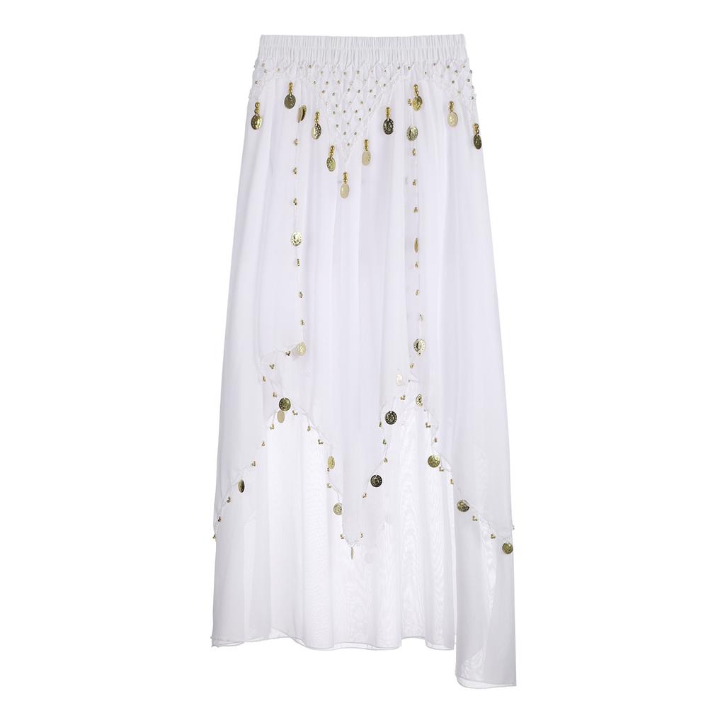 Ladies Sequin Beaded Belly Dance Skirt Chiffon Fabric Elastic Waistband Performance Costume Practice Dancewear