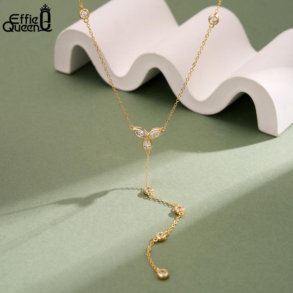 EFFIE QUEEN 925 Pure Silver Cubic Zircon Y-shaped Necklace Wedding Shiny 5A CZ Long Pendant Line Chain Y Drop Necklace BQN38