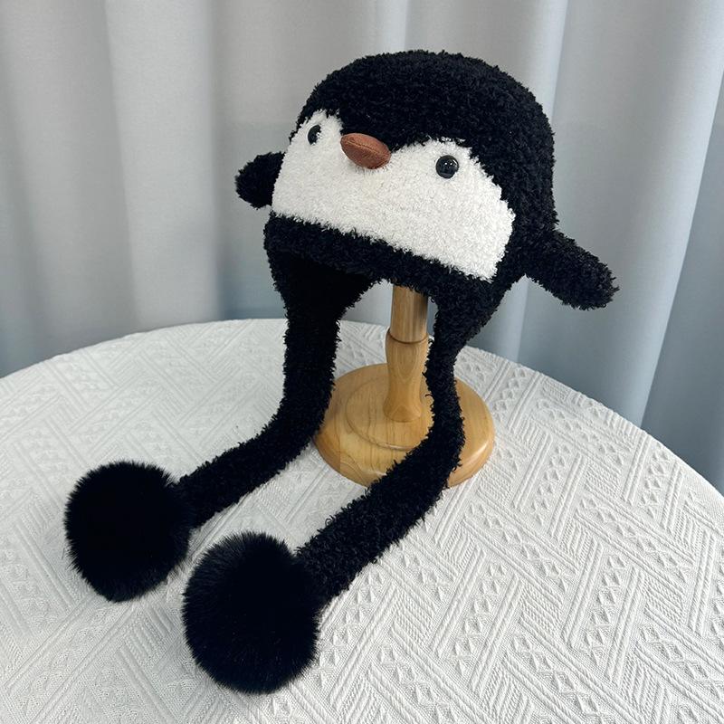 Winter cartoon penguin hat women's outdoor warm ear protection knitted wool hat versatile face small pullover hat