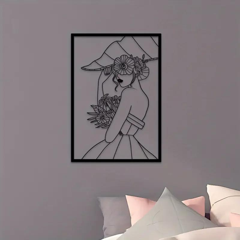 Vintage Lady Metal Wall Art - Modern Black and Gold Drawing | Minimalist Abstract Female Single Line Art for Home Decor