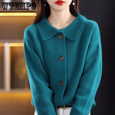 Autumn New Gentle Retro Solid Color Collar Knitted Cardigan Women's Sweater Loose Sweater Coat