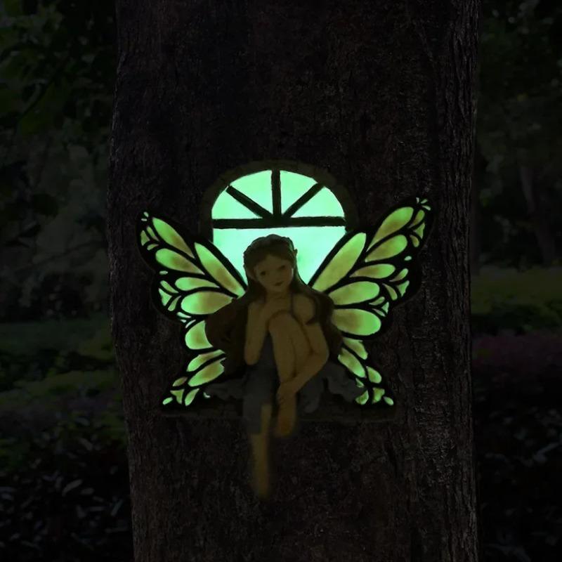 Outside the Window, the Fairy Statue Shines In the Darkness. Wall Art Sculpture, Outdoor Tree Face, Courtyard Decoration (red)
