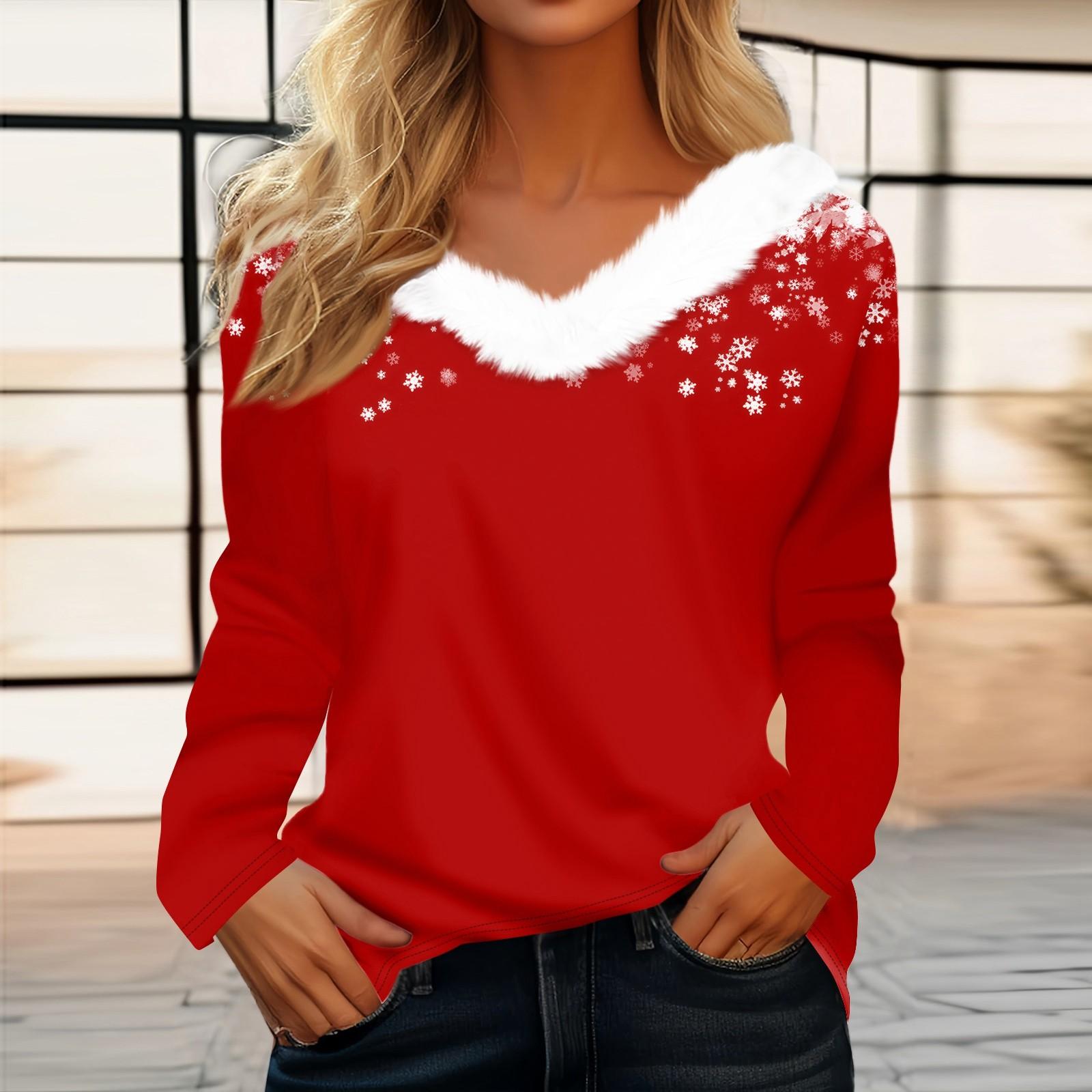 

Женская рождественская рубашка с длинным рукавом и принтом снежинок, повседневные свободные футболки с V-образным вырезом L красный