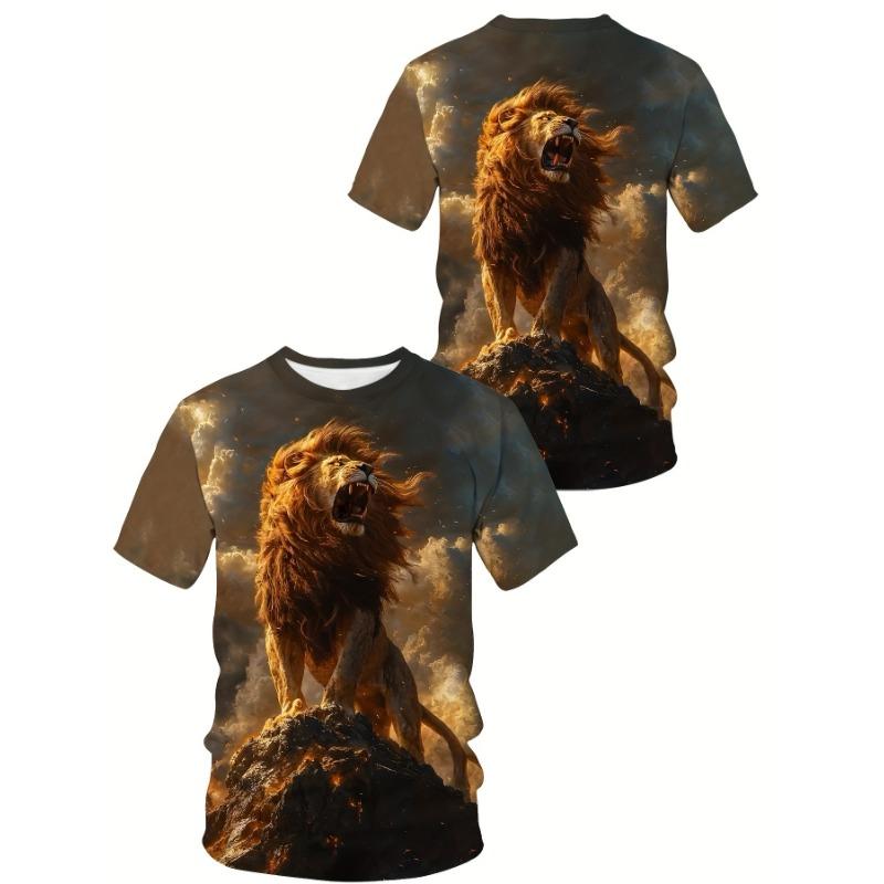 Men s Roaring Lion on Rock 3D Print T-Shirt, Majestic Animal Graphic Tee, Short Sleeve Round Neck Top, Cinematic Style Summer Streetwear Fashion S разноцветный