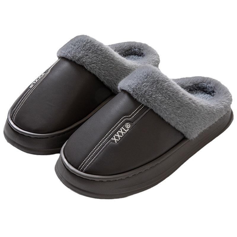 Winter extra large size cotton slippers PU leather slippers waterproof thick-soled home indoor non-slip warm shoes
