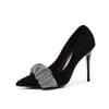 New pointed thin heel rhinestone sexy shallow mouth female king single shoes women's black suede high heels
