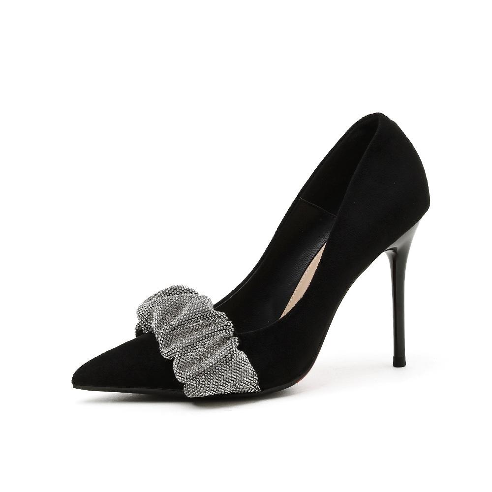 New pointed thin heel rhinestone sexy shallow mouth female king single shoes women's black suede high heels