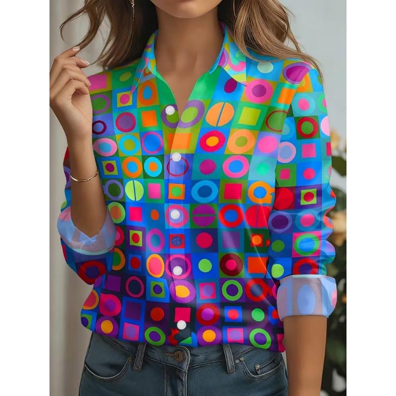 Spring Women's Button Shirt Elegant Colorful geometric patterns Lapel Blouses Long Sleeve Office Women Casual Printed Loose Tops