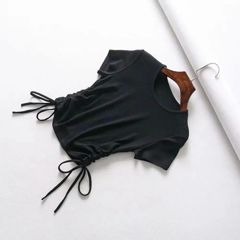 Pure Color Sexy Drawstring Women's Short-sleeved Round Neck Short Slim-fit Hem T-shirt Bottoming Shirt