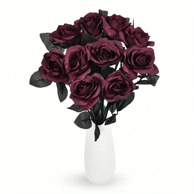 Artificial Silk Roses Bouquet with Long Stem, for Home Wedding Party Decor, Halloween Gothic Dark Arrangements, Outdoor Photo Props