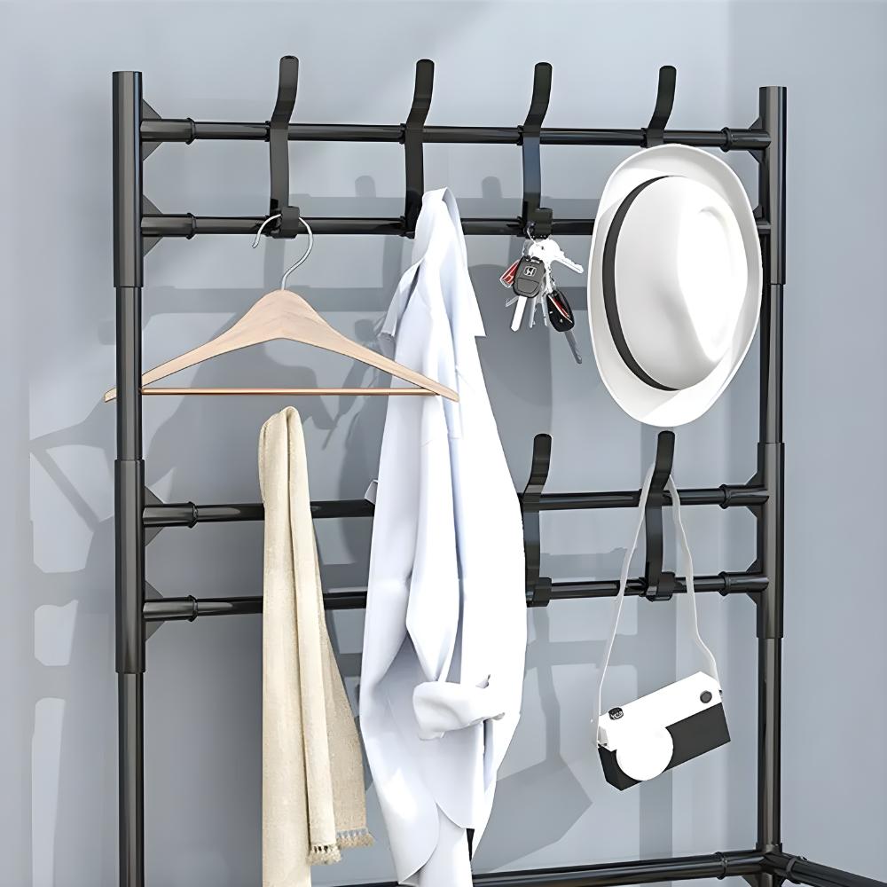 Standing clothes rack for shoes in the hallway with shelves, black, wardrobe
