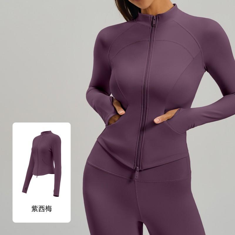 Womens Slim Fit Long Sleeve Zip-Up Yoga Top With Side Pockets Running Gym Workout